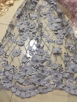 

3 D Flowers beaded tulle cord lace fabric 2018 high quality african lace fabrics for wedding dresses nigerian lace fabric gray