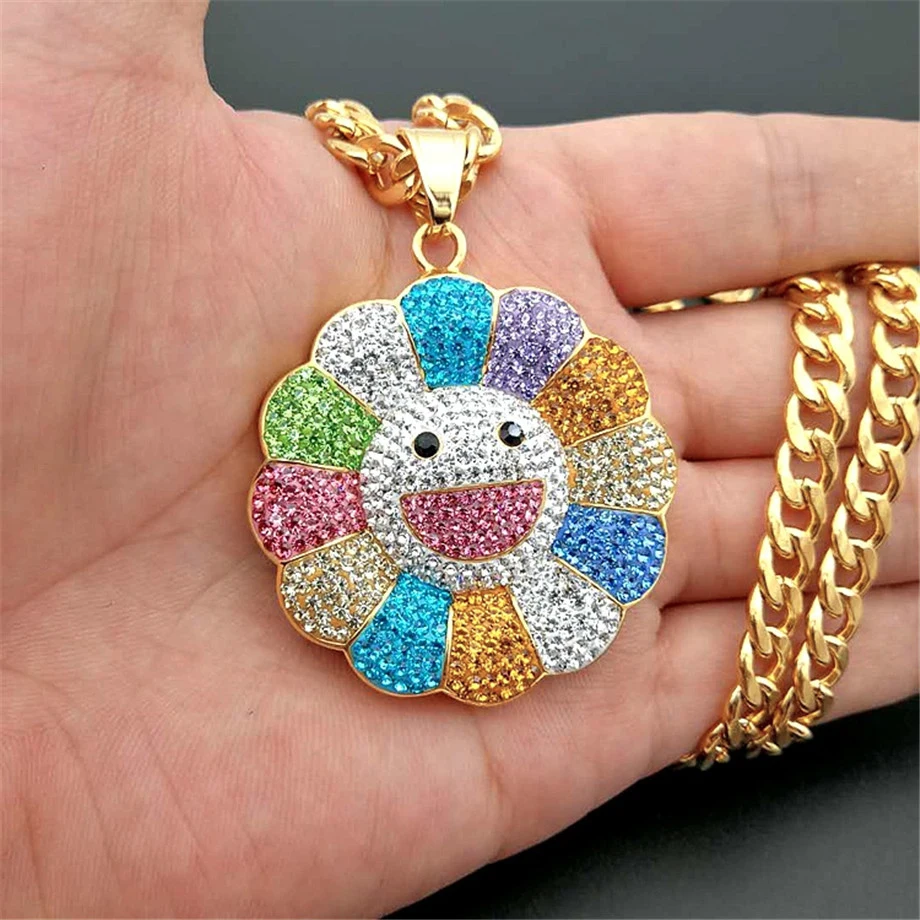

2019 new Men Hip hop Sunflower pendant necklaces Iced out bling Stainless Steel fashion Charm Pendants Necklace Hiphop jewelry