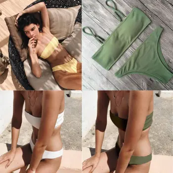 

Sexy Women Solid Strapless Push-up Padded Bra Bandage Bikini Set Swimsuit e Swimwear Bather Suit Swimming Suit