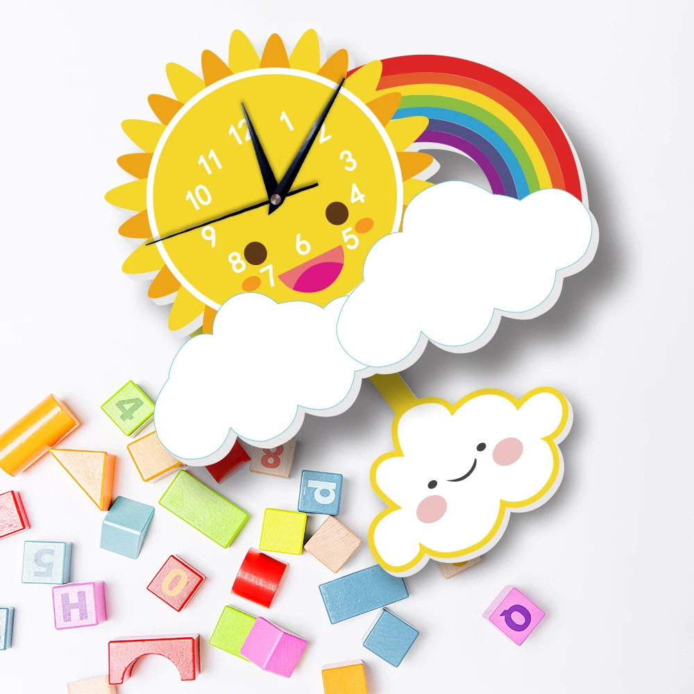 

Colorful Sun Rainbow 3D Wall Clock Sticker Silent for Children Baby Bedroom Background Home Decoration Art Decal Watch Clock