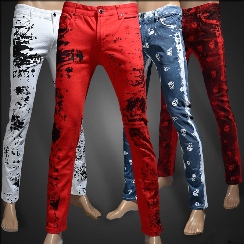 Skinny Jeans Men Red Promotion-Shop For Promotional Skinny Jeans Vintage Skinny Fit Biker Jeans Mens 2017 Red Skull Printing Nightclub Denim Jeans Free Shipping - Skinny Jeans Men Red Promotion-Shop For Promotional Skinny Jeans