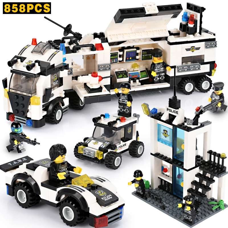 

858PCS City Police Truck Blocks Compatible LogoINGly Children SWAT Police Station Building Blocks Police Model Car Bricks Toys