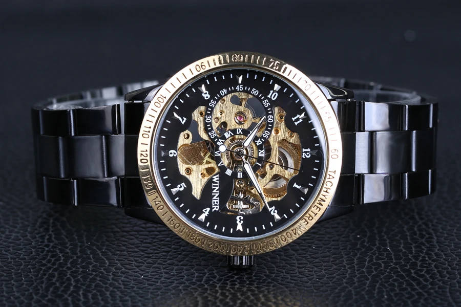 Классические роскошные мужские механические часы WINNER s с автоматическим скелетом, мужские брендовые военные полностью стальные черные золотые часы Relogio