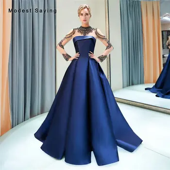 

New Arrival Princess Blue High Collar Long Sleeves Evening Dresses with Rhinestone 2019 Autumn Long Formal Women Prom Gowns
