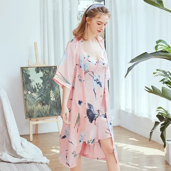 

New Sexy Stain Kimono Bathrobe Gown Bride Bridesmaid Robe 2pcs Nightwear Sleepwear Silky Nightdress Female Print Nightgown