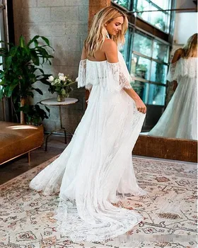 

Sexy Wedding Dress Boat Neck Lace Beach Off the Shoulder Boho Vestido De Novia Elegant Cap Sleeve Wedding Dresses