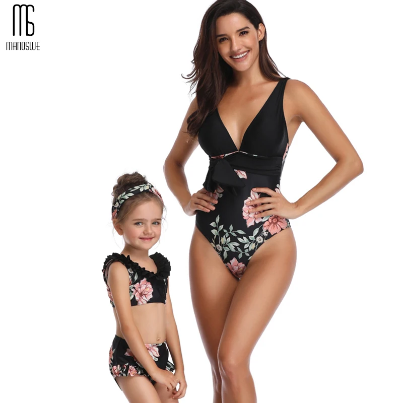 

Family One Piece Swimwear Print Bathing Suit Women Bikinis Mujer Mother Daughter Thong Push Up Beach Wear High Quality 2019