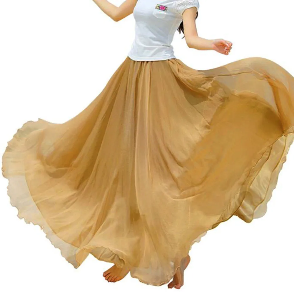 Женская юбка летняя Однотонная юбка лето шифон женский эластичный шифоновый пояс Длинная пляжная юбка макси W406 - Цвет: Khaki