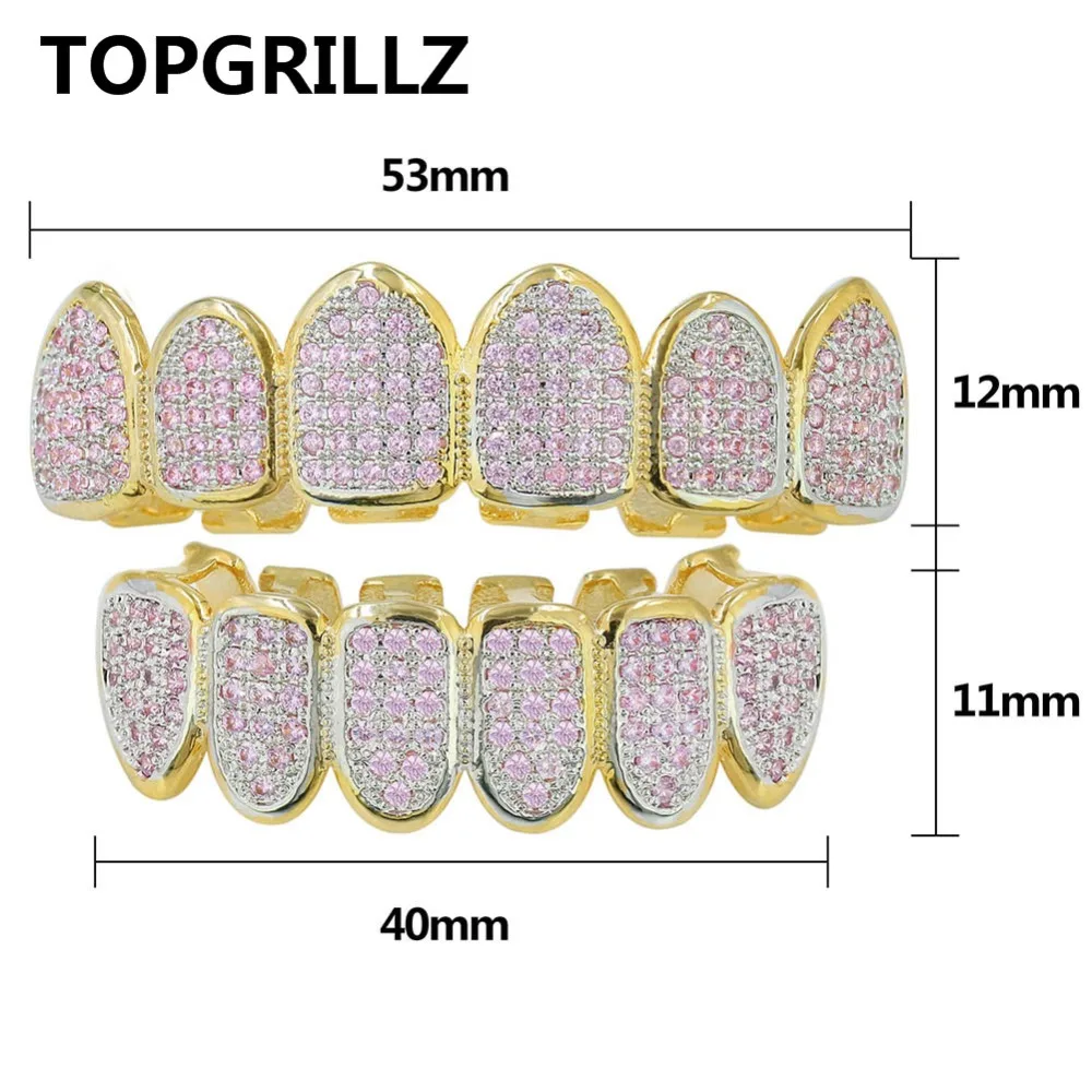 TOPGRILLZ пользовательский подходит Золотой цвет розовый микро проложить кубический циркон верхние и нижние зубы Grillz хип-хоп золотые грили для Рождественский подарок