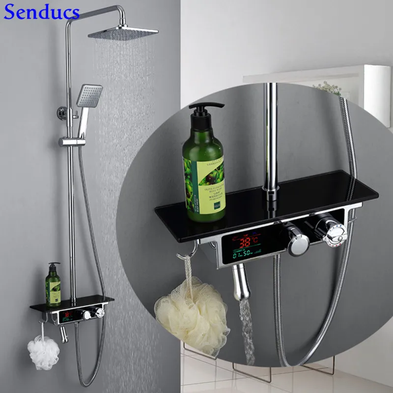 

Senducs LED Digital Shower Set Newly Design Brass Bathroom Shower Faucet Square ABS Top Shower Head LED Themostatic Shower Set