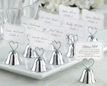 

200 pcs/lot Heart Kissing Bell Place Card Photo Holder Bridal Wedding Metal Heart Shape Favor Favors Golden Silver Color