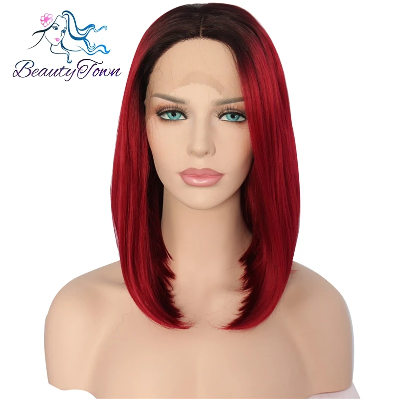

BeautyTown Black Ombre Red Short BOB High Temperature Fiber Hair Heat Resistant Glueless Synthetic Lace Front Wedding Party Wig