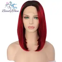 BeautyTown Black Ombre Red Short BOB High Temperature Fiber Hair Heat Resistant Glueless Synthetic Lace Front Wedding Party Wig