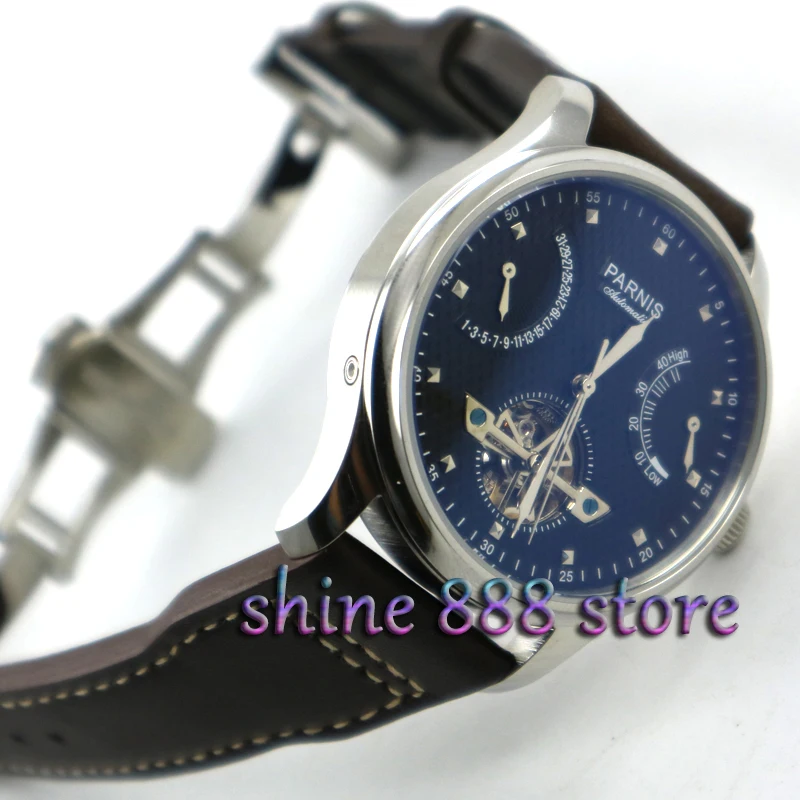 

Parnis 43mm power reserve black dial movement deployant clasp ST2505 Automatic movement Men's watch