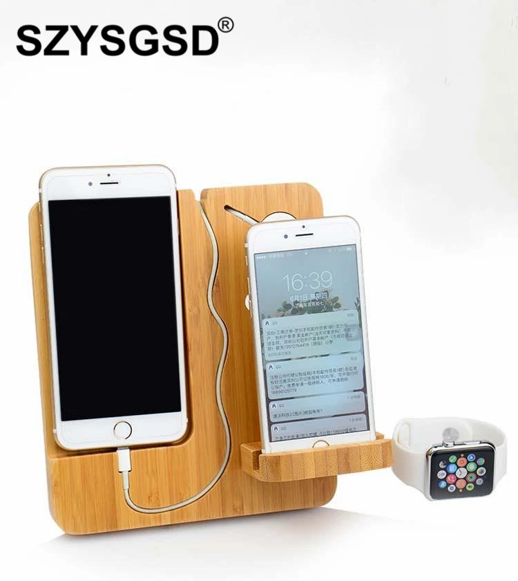 

SZYSGSD Bamboo Wooden USB Charge Dock Mobile Phone Holders Stands for apple watch for iPhone Desktop 2 in 1 Phone Stand