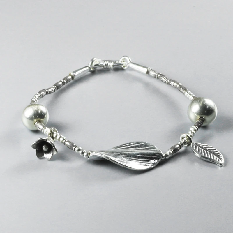 

Original Design 925 Sterling Silver Beads Bracelet For Women Vintage Flower and Leaves Charms Handmade Personalized Bracelets