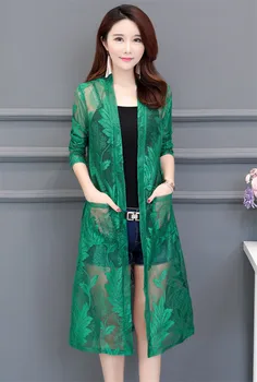 

Hollow Out Summer Long Solid Color Blouse & Shirt Leaf Embroiderd Casual Lace Women's Cardigan Coat Sun Protection Clothing