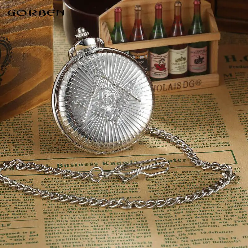 Engraved Silver Free-Mason Theme Pocket Watch Golden Freemasonry Masonic Quartz Fob Watches for Men Clock Gifts Relogio De Bolso