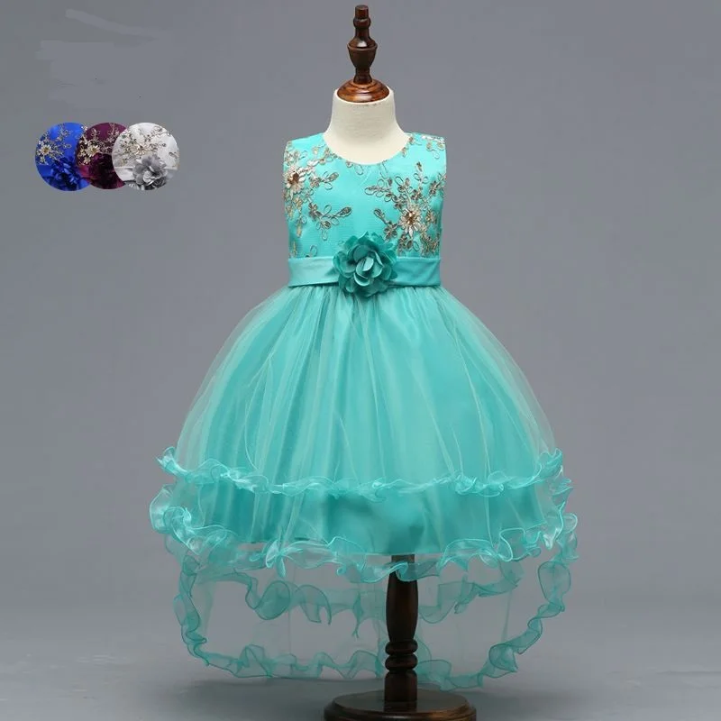 

L428 Europe Girl Spring &Summer Sleeveless Flower Children's Clothes Princess Pleated Tail Dresses Girl Dress