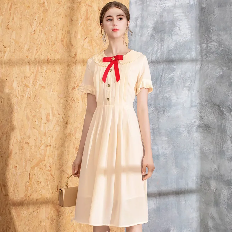 

vintage preppy style short sleeve o neck tunic dress women summer bowknot knee length midi dress 2019