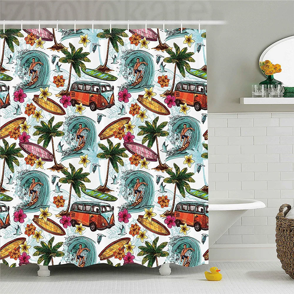 المحيط ديكور ستارة ، هاواي ديكور البحر سيرفر على متموج عميق الرجعية الزهور النخيل تصفح وحات الطباعة ، النسيج الحمام ديسمبر