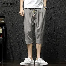 Летние хлопковые и льняные мужские шорты длиной до икры с завязками на талии прямые свободные большие размеры тонкие модные шорты-шаровары