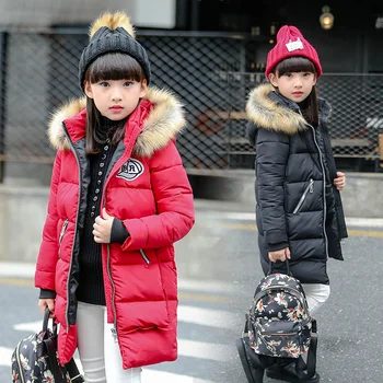 

FYH Kids Clothing Winter Girls Down Jacket Fur Hooded Kids Winter Warm Thicken Jackets Teenager Girls Parka Cotton Padded Coat