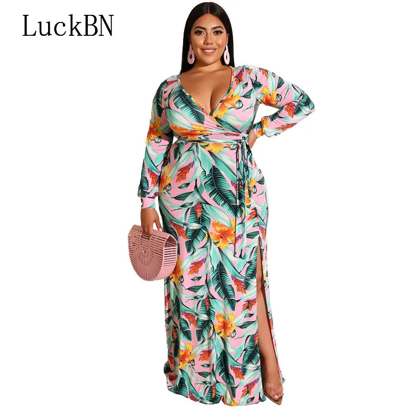 

5XL Large Size Dress Women's Flower New Autumn Long Dress Tight Bag Hip Deep V Hem Split Fork Sexy Long Sleeve Bohemian Dresses