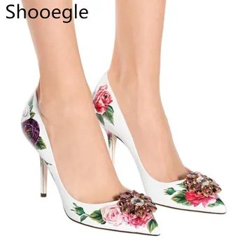

Bling Rhinestone Floral print Women Pumps Pointed Toe High Heels ladies crystal shoes party wedding dress pumps zapatos de mujer