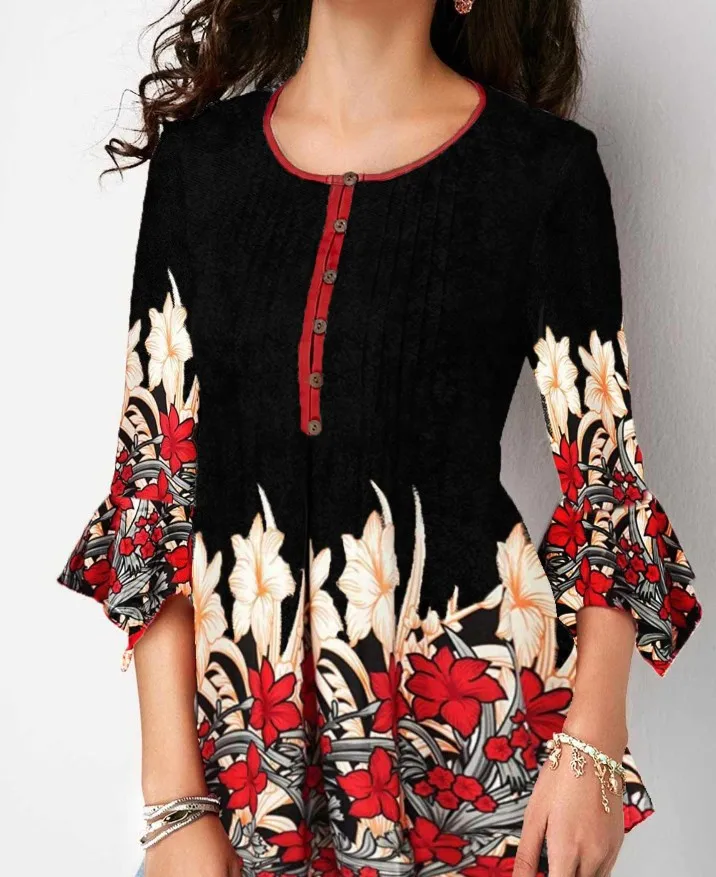 5xl размера плюс женская блузка модная женская блузка с рукавом три четверти с цветочным принтом рубашка большого размера Женская Туника Топы