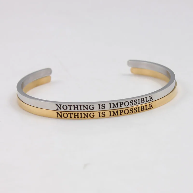 NOTHING IS IMPOSSIBLE 4mm Stainless Steel Engraved Positive Inspirational Quote Cuff Mantra Bracelet Bangle For Women | Украшения и