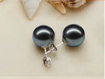 

Pair of 10-11mm natural south sea genuine round black pearl earring AAA 7510