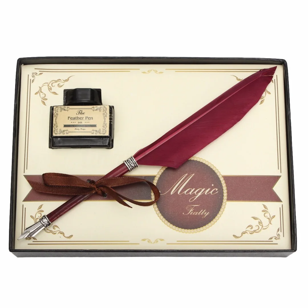 3Colors 2019 Newest Feather Quill Metal Nib Brown Dip Pen Writing Ink Set With Box Gift 21 x 0.5cm
