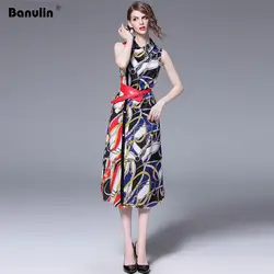 Banulin взлетно-посадочной полосы платье цепи печати 2019 новый летний Для женщин без рукавов Винтаж Тонкий Вечерние платья средней длины