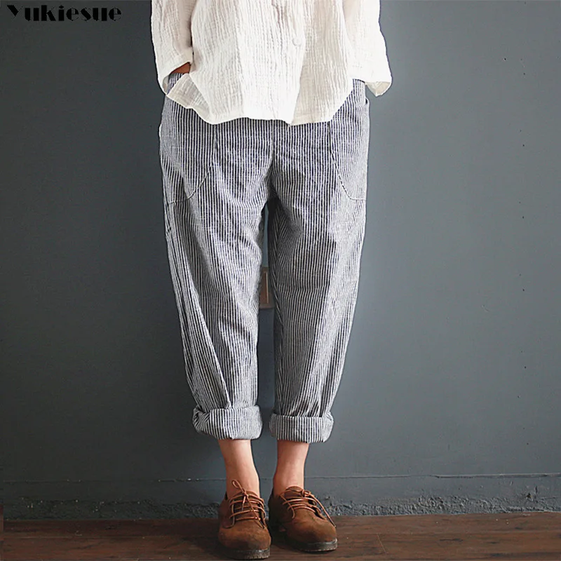 

streetwear linen striped women's pants capris with high waist harem pants for women trousers woman pants female Plus size 5xl