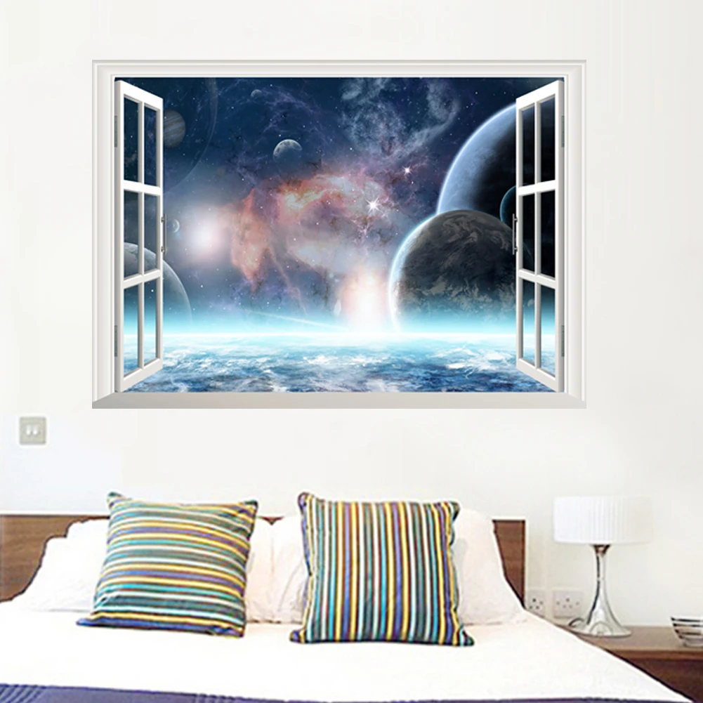 Outer Space Planets 3d Windows Broken Hole Wall Stickers Cosmic Wall Decals For Kids Room Baby Bedroom Ceiling Floor Decoration Wall Stickers Aliexpress