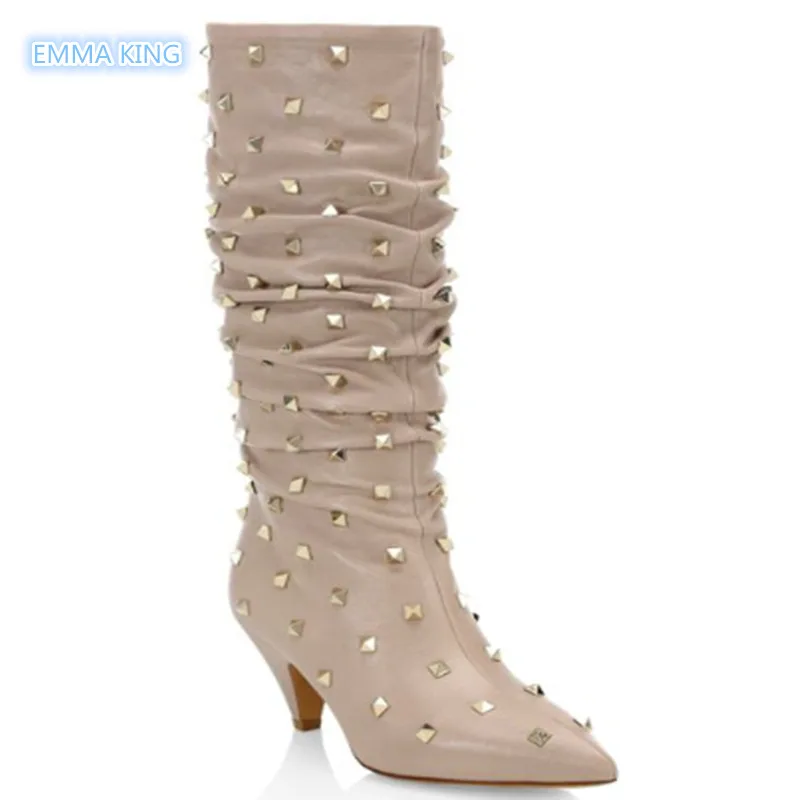

Brown Leather Spike Heels Fashion Boots Women Rivets Pleated Medium Heels Shoes Pointed Toe Slip On Ladies Shoes Botines Mujer