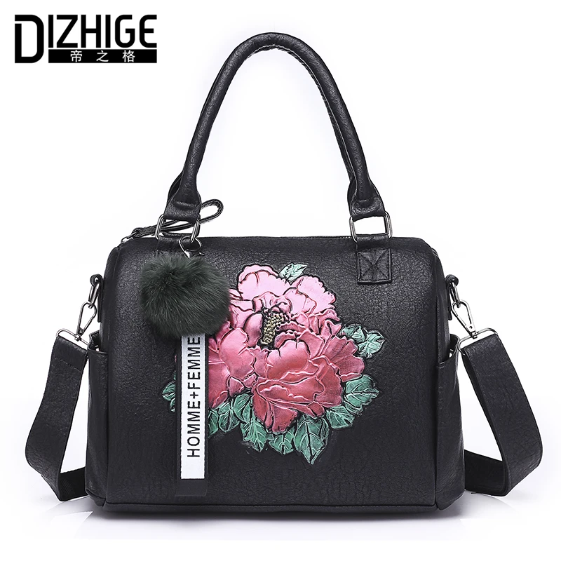 

DIZHIGE Brand Print Floral Women Leather Handbags Designer Shoulder Bags Famous Fur Ball Women Bags Tote New Ladies Hand Bag Sac