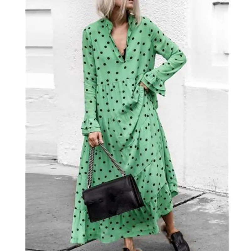 Женское пляжное платье в горошек Boho повседневное длинное из хлопка и льна с