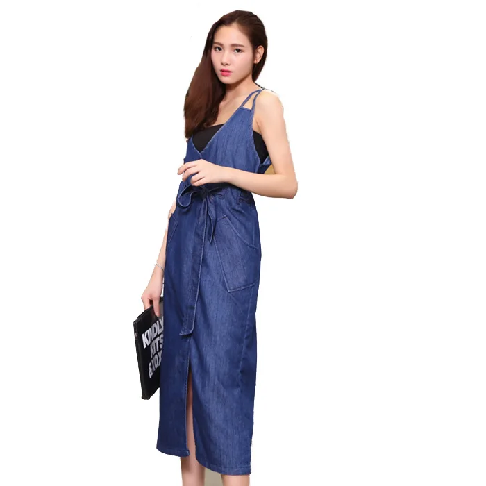 New Fashion Plus Size Women Denim Dresses with Sash Spring Sleeveless Ladies Casual Front Slit 
