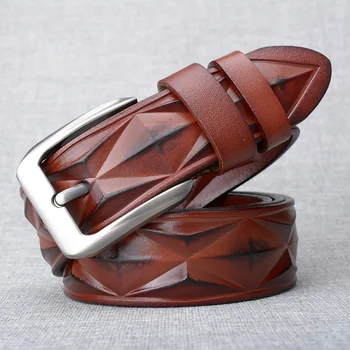 

Fashion Mens Belts 3D Diamond Pattern Real Leather Belt High Quality Metal Buckle Retro Cowskin Belts Luxury Men Belt 110-130cm