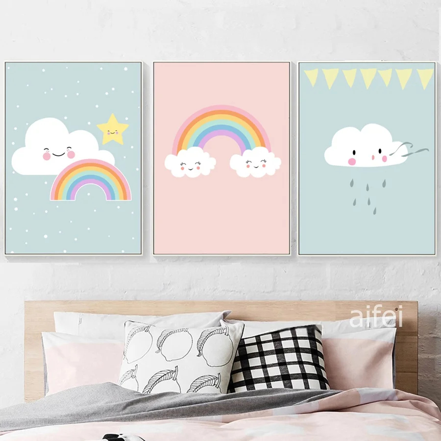 

Nordic Poster Cloud Rainbow Art Painting Minimalist Cartoon Canvas Art Wall Pictures for Nursery kid Room Decoration No Frame