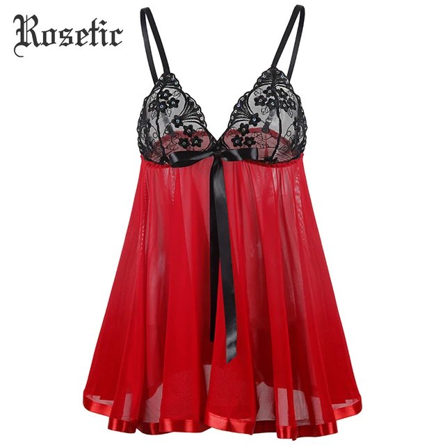 Rosetic Gothic Lace Nightgowns Sleepwear See-Through Patchwork Bowknot Spaghetti Strap Fashion Slim Gothic Mini Sexy Nightdress