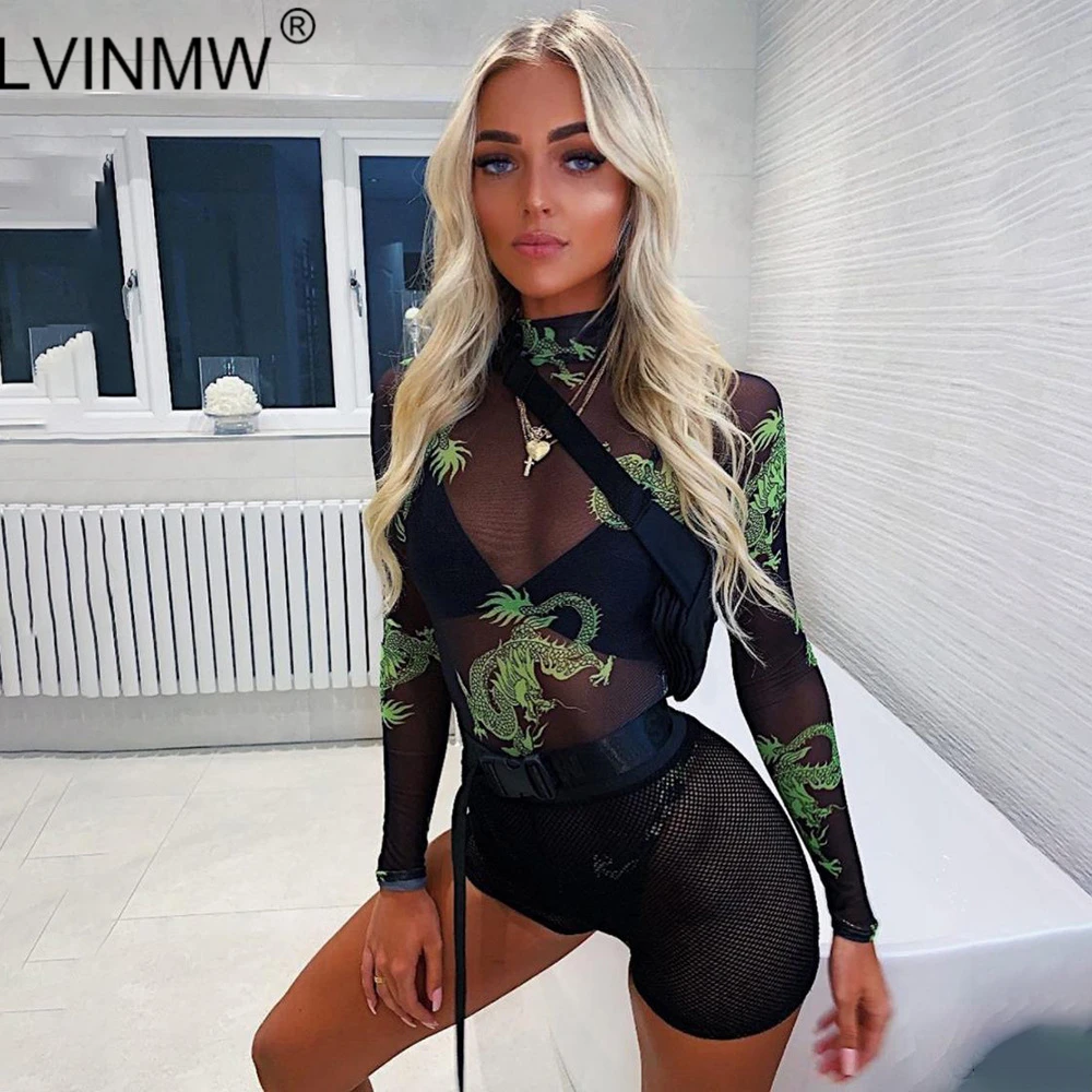 LVINMW, сексуальный сетчатый просвечивающий китайский дракон, с принтом, обтягивающий боди, осень, Женский облегающий Топ с длинным рукавом