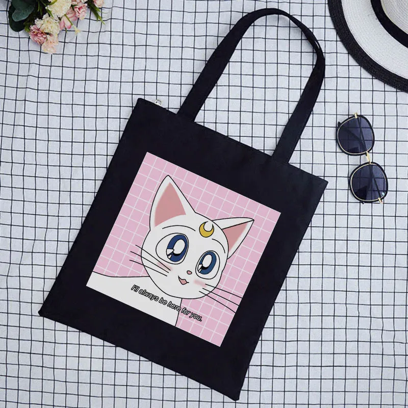 Японская Сейлор Мун кошка милая сумка на ремне Новая Harajuku мультфильм печати холщовая Женская колледж забавная Милая Открытая сумки с карманами