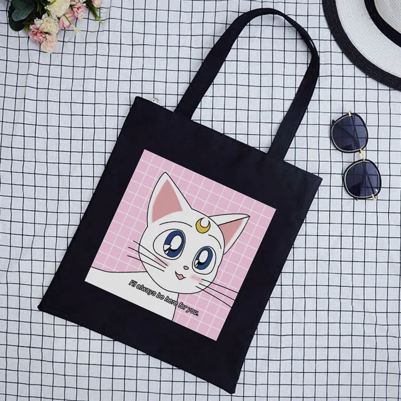 

Japanese Sailor Moon Cat Sweet Shoulder Bag New Harajuku Cartoon Print Canvas Female College Fun Sweet Open pocket Bags
