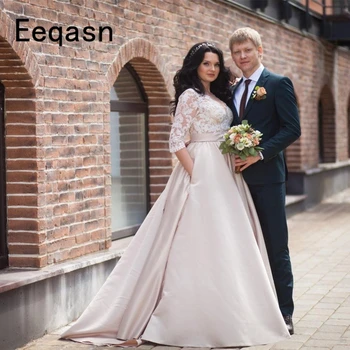 

Vintage Plus Size Wedding Dresses V-neck 2020 Half Sleeves A Line Satin Lace Bridal Gowns Vestido De Casamento Bride Dresses