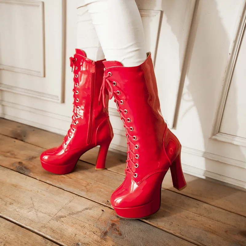

YMECHIC Cross Tie Knight High Heel Mid Calf Ridding Motorcycle Boots Female Party Nightclub Patent Leather Winter Shoes Big Size
