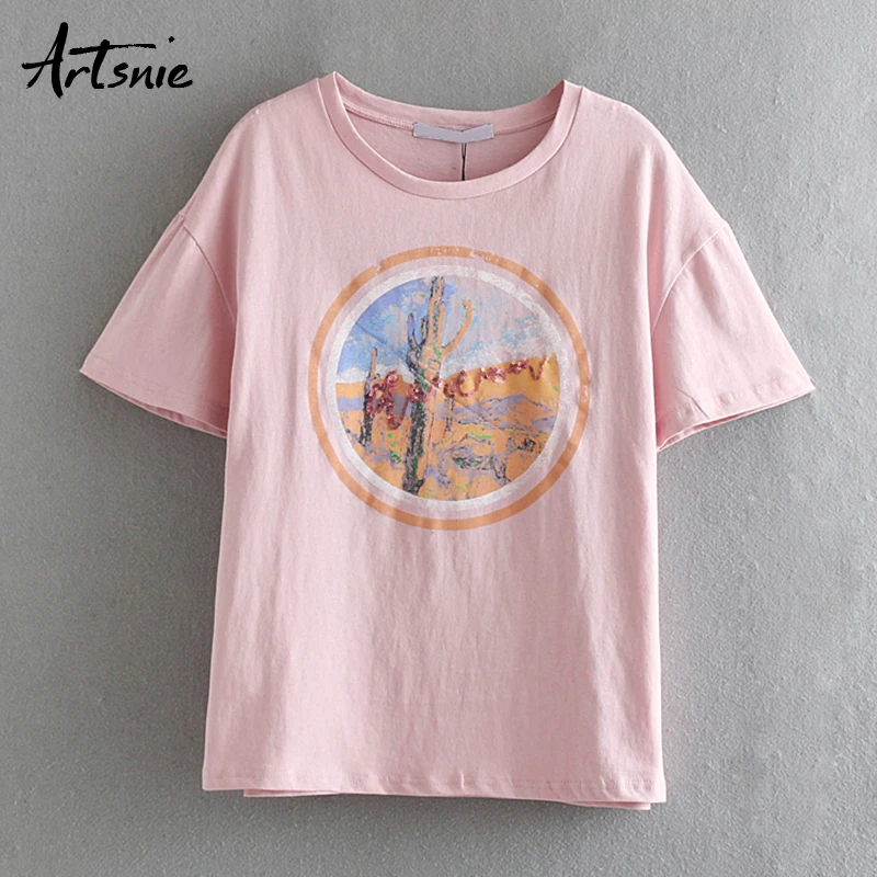 

Artsnie streetwear sequined women t shirt summer 2019 o neck casual pink t-shirts tops femme o neck short sleeve knitted t shirt