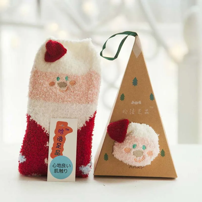 Рождественские носки для женщин, зимний подарок, 3D дизайн, пушистый бархат кораллового цвета, толстый, полотенце, пол/носок для сна, высокая Подарочная коробка, 5 пар - Цвет: santa claus